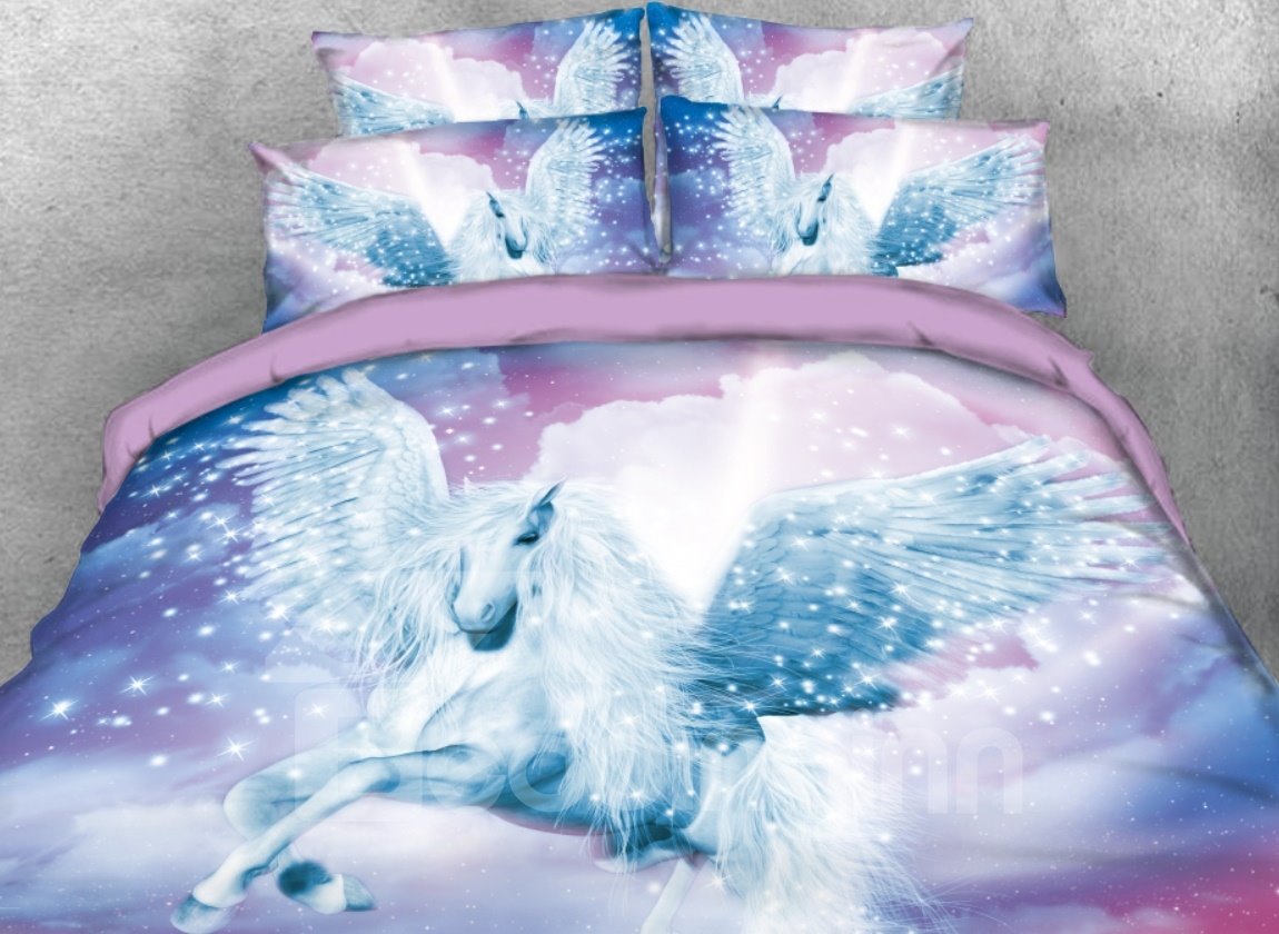 White Unicorn with Wings Printed 4-Piece 3D Bedding Sets/Duvet Covers Blue Pink