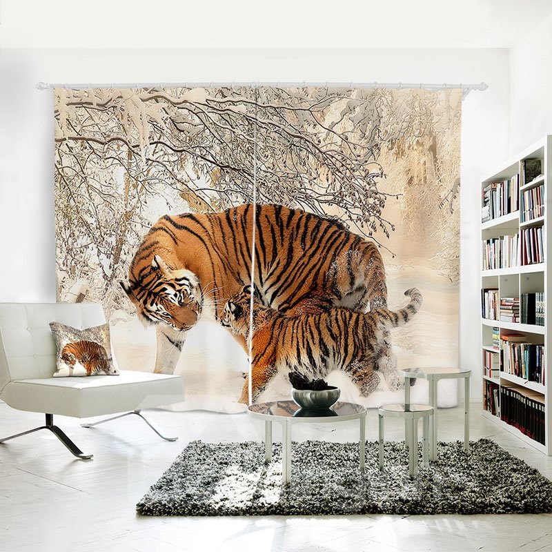 Vivid Tigers Pattern 3D Animal Painted Polyester 2 Panels Curtain