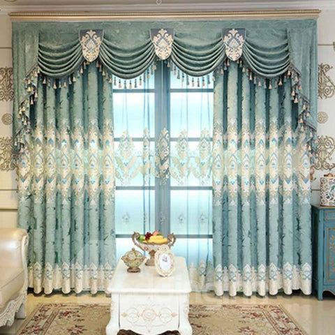 Blue Floral Jacquard Chenille Elegant Palace Style Shading Grommet Curtain