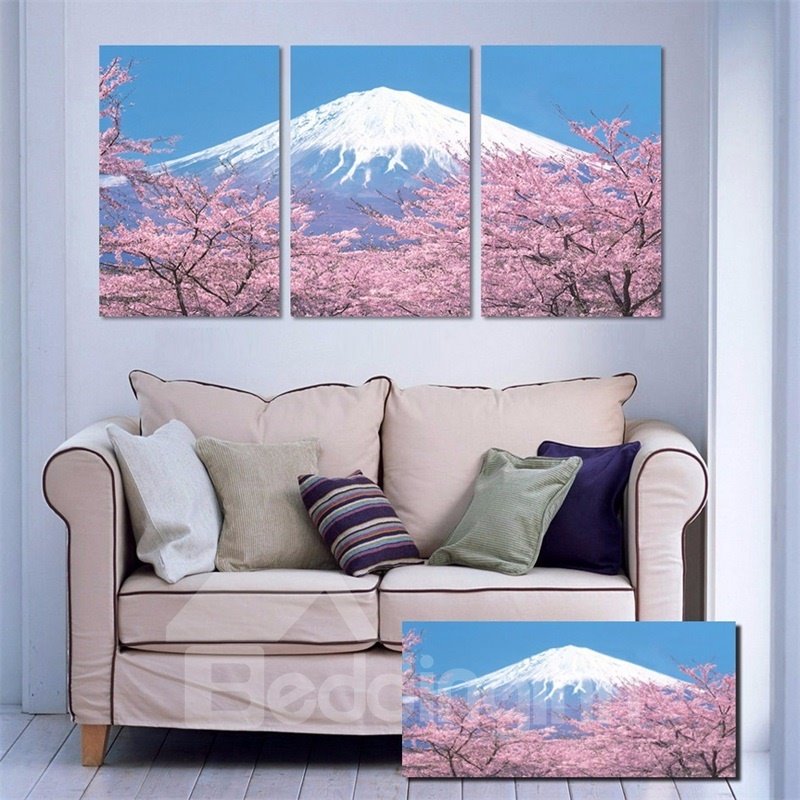 11,8 * 17,7 Zoll * 3 Stück Sakura und Schneeberg hängende Leinwand, wasserdichte und umweltfreundliche Wanddrucke