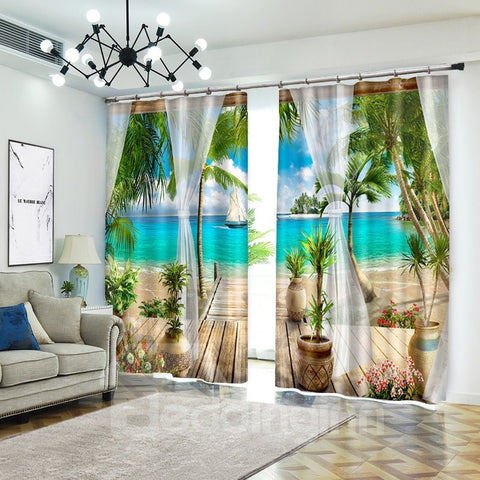 Tropical Beach 3D Curtains Drapes,Beach with Palm Trees