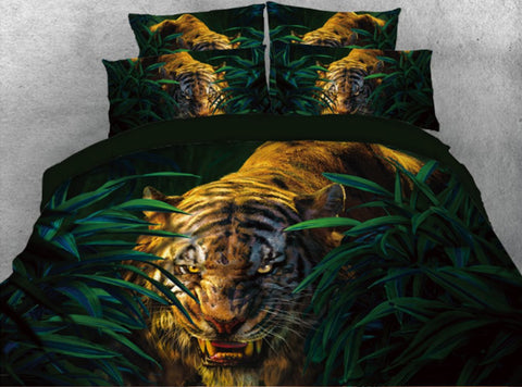 Tiger im Dschungel bedrucktes 5-teiliges 3D-Bettdecken-Set/Bettwäsche-Set, ultraweich mit Reißverschluss und Eckbändern, 2 Kissenbezüge, 1 Bettlaken, 1 Bettbezug, 1 Bettdecke, weiche, hautfreundliche Mikrofaser 