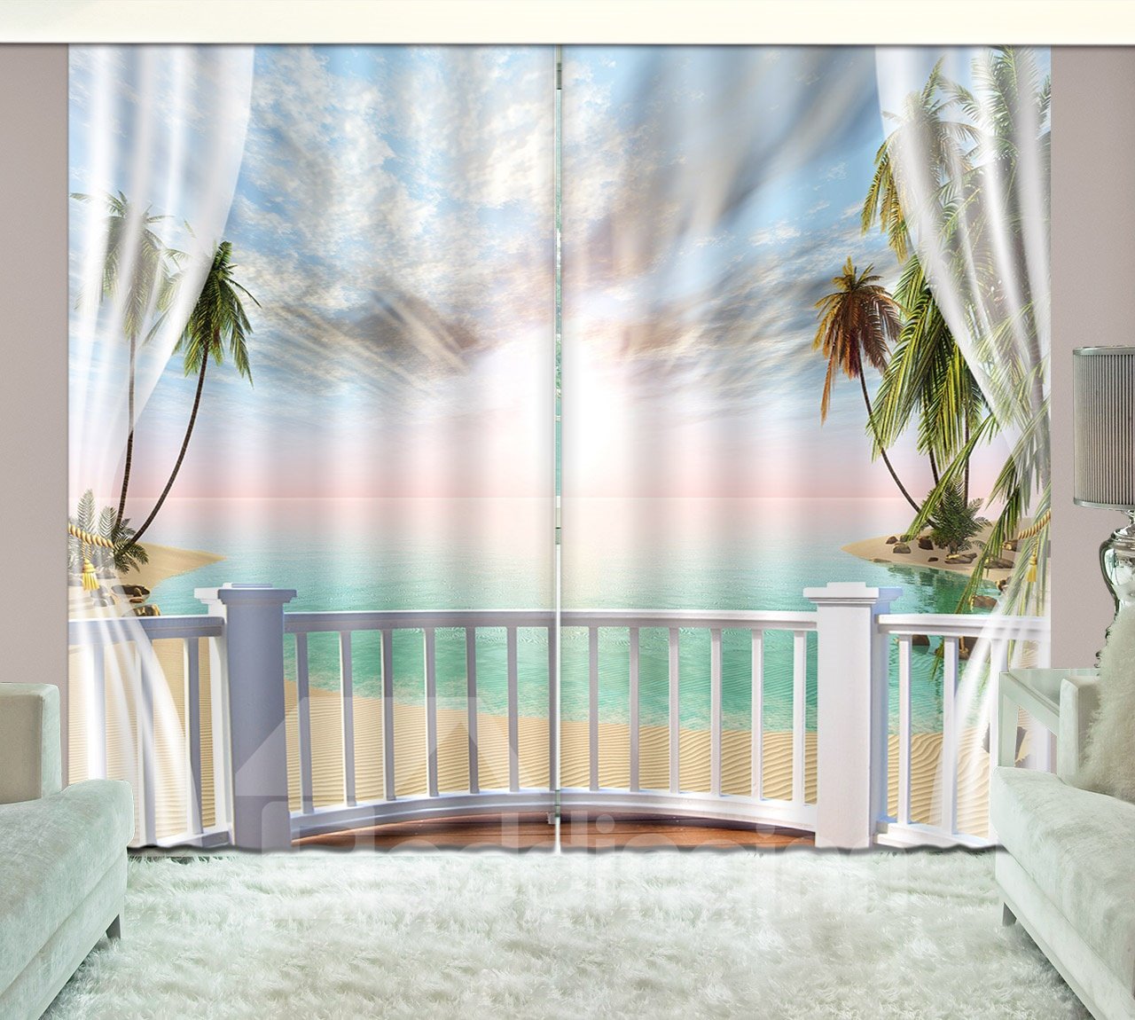 Cortina de sala de estar personalizada con paisaje de cocoteros, puesta de sol de playa tropical impresa en 3D