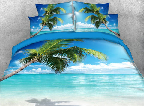Coastal Beach Bedding Set, Palm Tree Blue Sea  4-Piece 3D Scenery Print Duvet Cover Set Microfiber with Flat Sheet 2 Pillowcases
