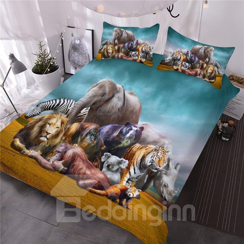 Natural African Safari Animals Printed 3-Piece 3D Comforter Set Colorfast Wear-resistant Endurable Skin-friendly All-Season Ultra-soft Microfiber Bedding Set