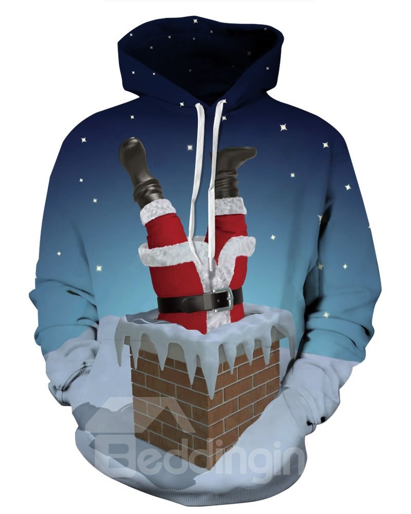 Langärmliger Kapuzenpullover mit Weihnachtsmann-Falling-in-Schornstein-Weihnachtsmuster und 3D-Bemalung