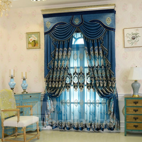 Thick Embroidery European Blue Drapes Sheer Curtain for Living Room Bedroom