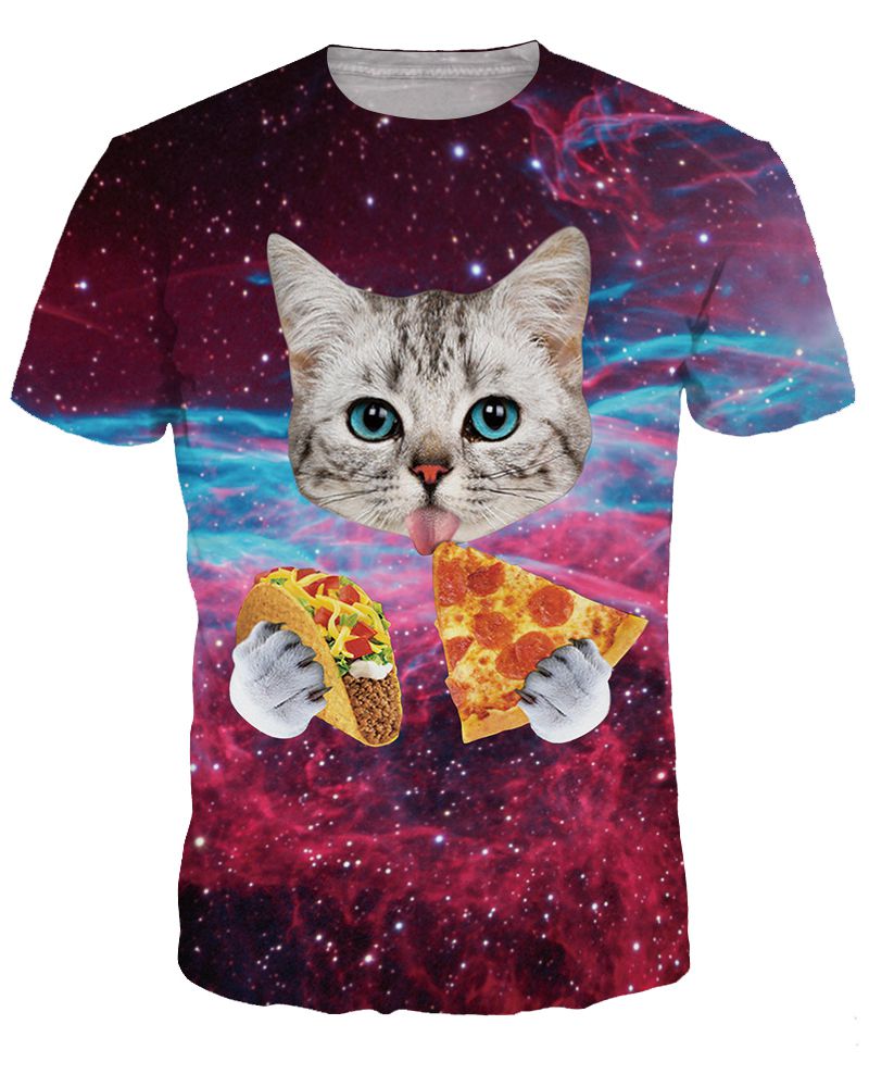 Hübsches 3D-gemaltes T-Shirt mit rundem Halsausschnitt und Cat-Eat-Pizza-Muster
