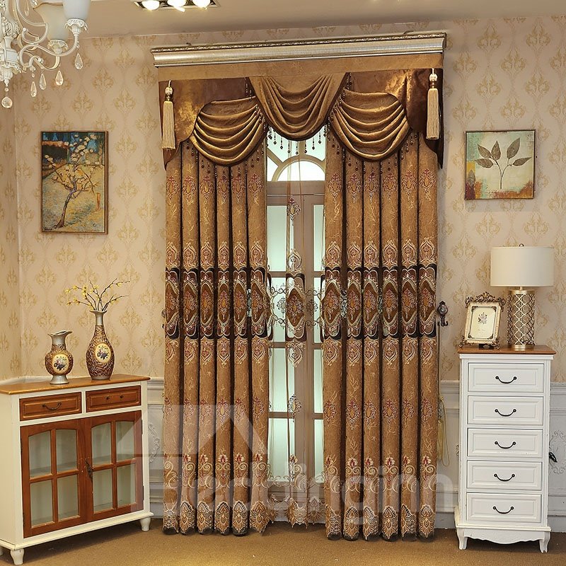 Cortinas personalizadas de 2 paneles de estilo real floral bordado color café de lujo 