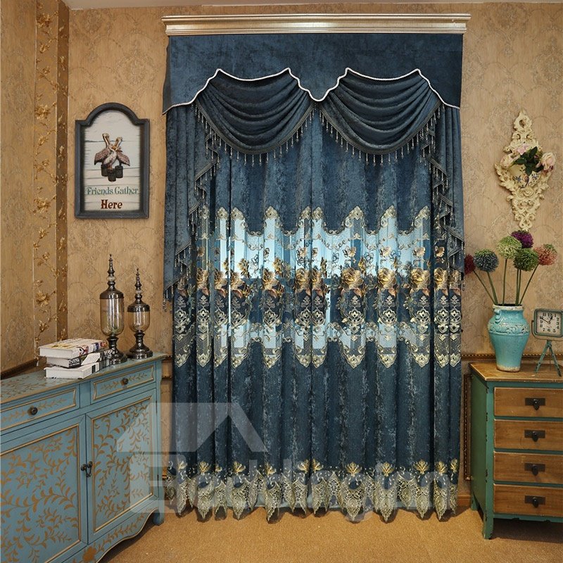 Elegantes cortinas personalizadas con diseño floral bordado y ahuecado de 2 paneles 