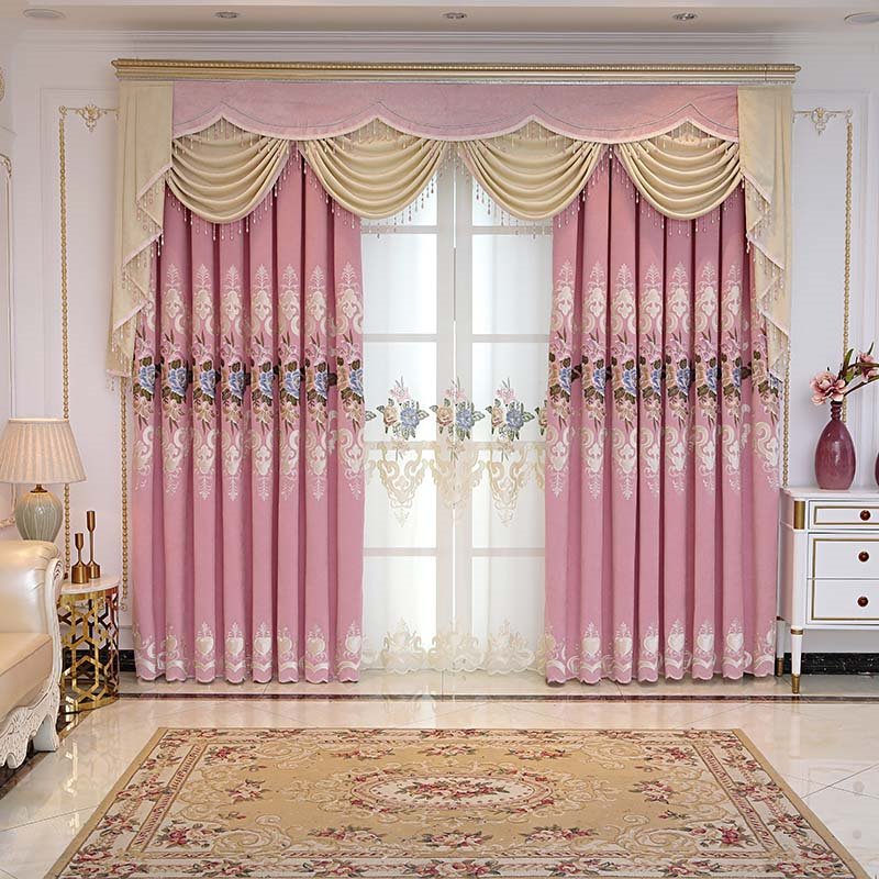 Paneles de cortina de algodón con oscurecimiento floral bordados de cachemira de una cara rosa 