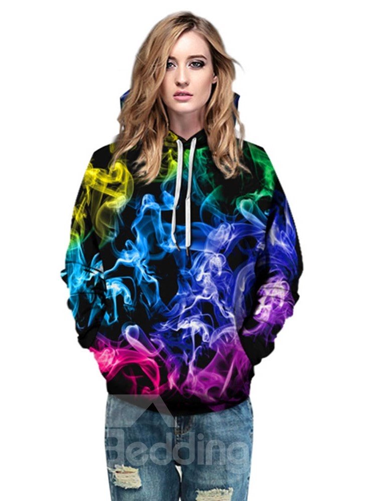 Sudadera con capucha pintada en 3D con patrón de humo colorido de manga larga 