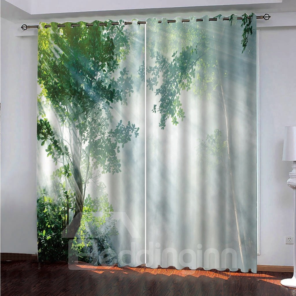 Cortinas opacas 3D con diseño de paisaje verde, árboles azules con luz solar de la mañana, impresas con buen efecto de sombreado y radiación anti-ultravioleta, sin pelusas, sin decoloración, sin forro 