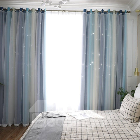 Modern Concise Style Three-colors Cloth and White Voile Sewing Together 2 Panels Blackout Curtains