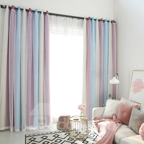 Tela de tres colores de estilo romántico y gasa blanca cosiendo 2 paneles para sala de estar y dormitorio 