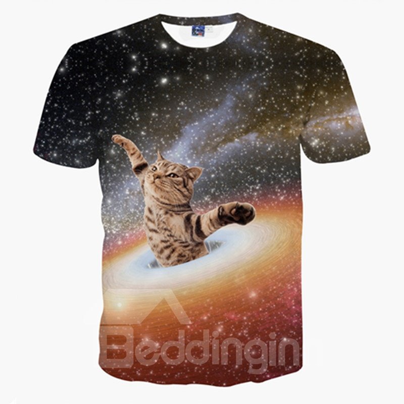 Kurzärmliges Unisex-T-Shirt mit Rundhalsausschnitt und 3D-Muster „Katze und Universum“.
