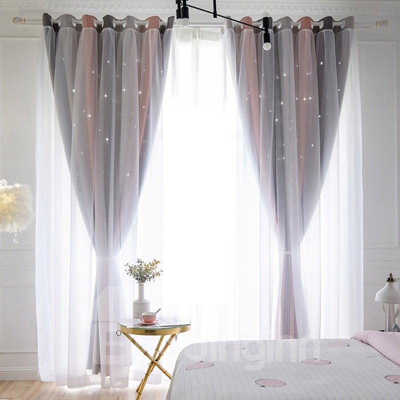 Tela de 3 colores de estilo moderno y cortinas con ojales de 2 paneles cosidas transparentes blancas
