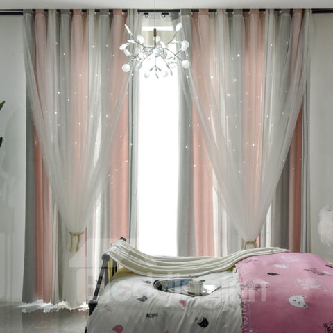 Pink and Grey Vertical Stripe Cloth and White Voile Sewing Together Blackout Curtains