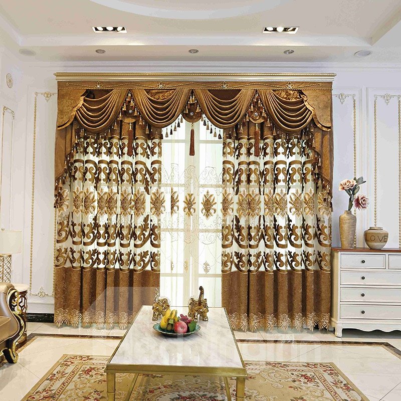 Luxurious Elegant Golden Embroidered Hollowed-out Black Out Ochre Curtains 2 Panel Set 84 Inches Wide and 84 Inches Moderate Shading Effect Ever Fading Cracking Peeling or Flaking