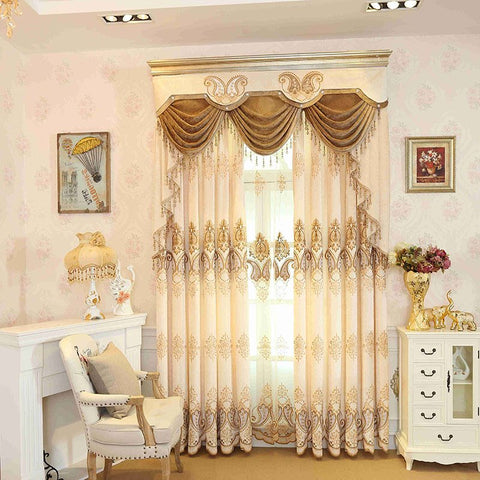 Beige Bright Color Embroidered Floral 2 Panels Custom Grommet Curtains For Living Room