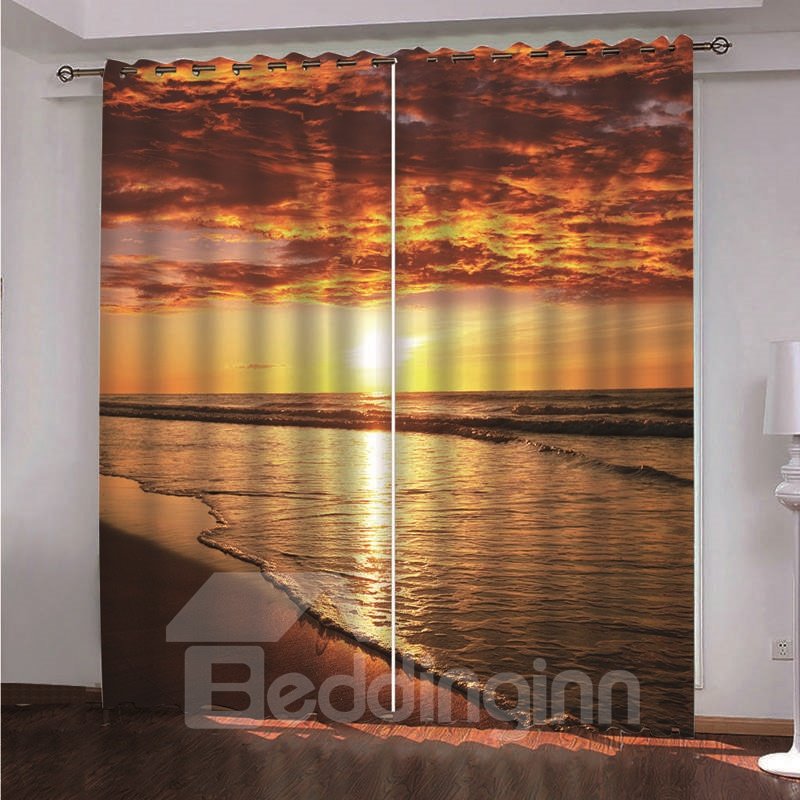 Golden Sunset and Beautiful Sea Printed Custom Living Room 3D Scenery Curtains