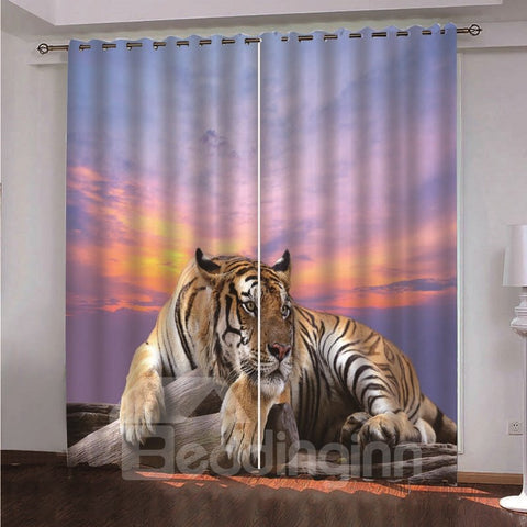 Fantastische Verdunkelungsvorhänge mit Tiger- und Lila-Sonnenuntergang-Aufdruck und 3D-Tiermuster 