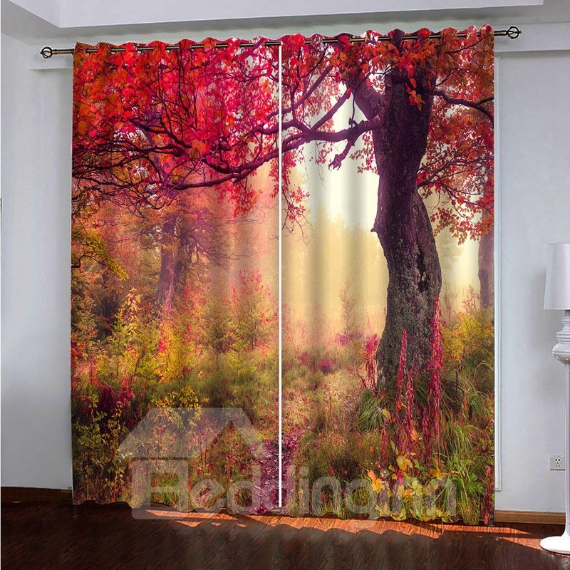 2 Panels Blackout Room Darkening Curtains Curtains 3D Scenery Autumn Season Red Maple Leaves Print 200g ㎡ Medium Polyester Good Shading Effect and Anti-ultraviolet Radiation