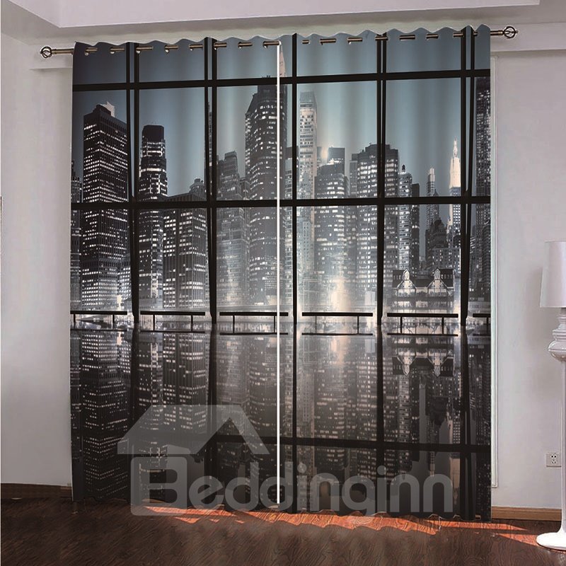 3D Skyscraper at Night Printed City Night Scenery Blackout Scenery Curtain