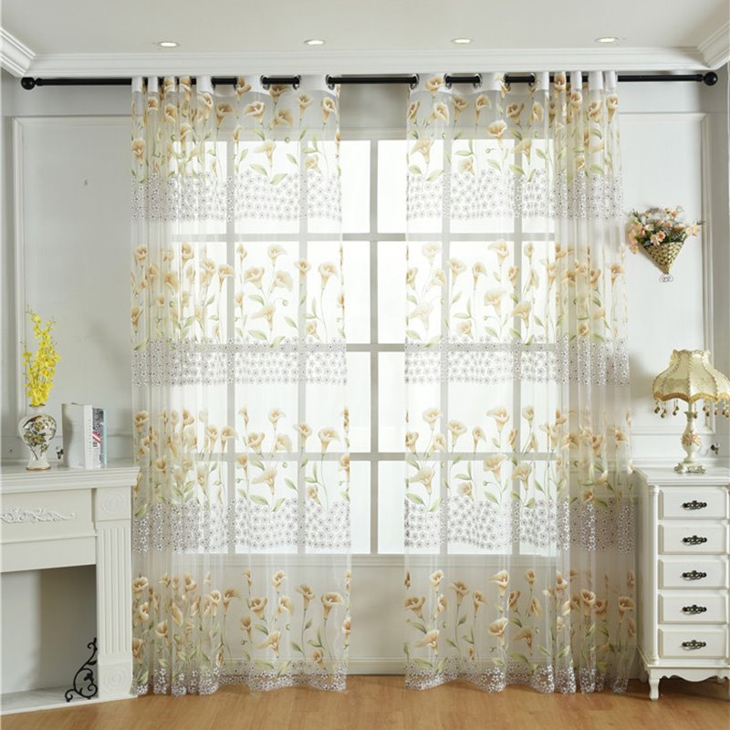 Pastoral Style Morning Glory Print Custom Living Room Sheer Curtains Breathable Voile Drapes Never Fading Cracking Peeling or Flaking