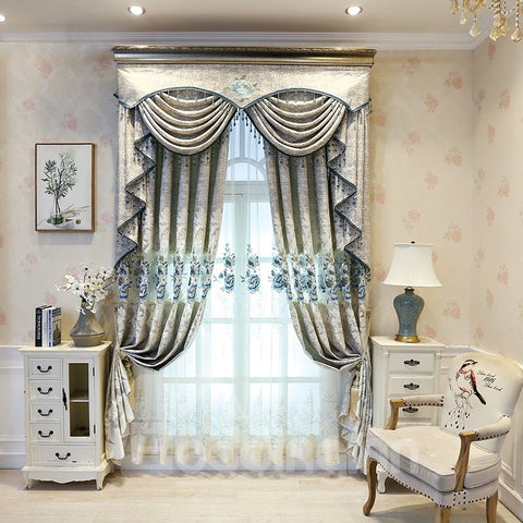Luxuriöse und elegante hellgraue, bestickte, durchsichtige Verdunkelungsvorhänge für Wohnzimmer und Schlafzimmer 