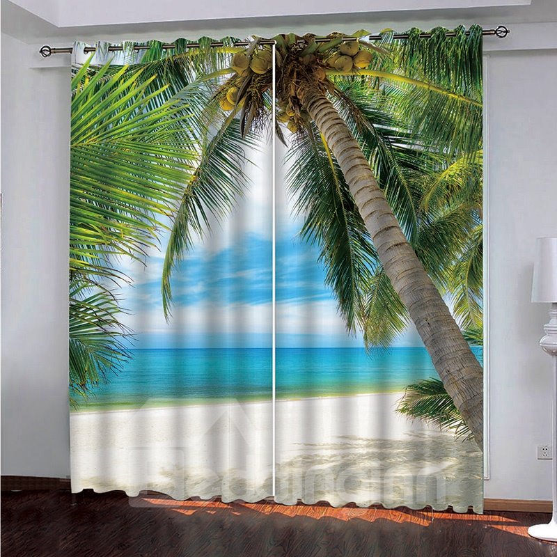 3D-Verdunkelungsvorhang mit romantischer Urlaubslandschaft, weißem Strand und grüner Kokospalme 