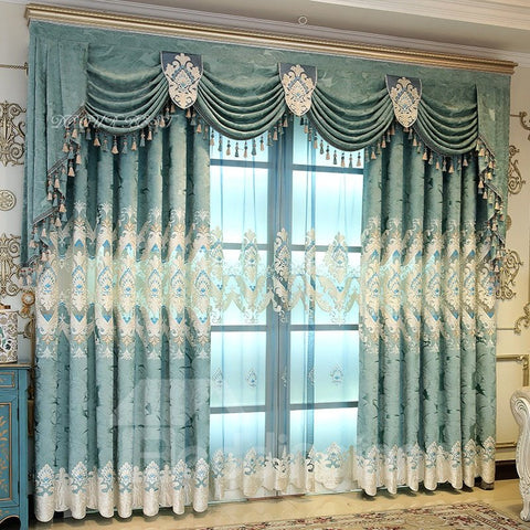 Cortinas con ojales personalizadas opacas bordadas de chenilla verde azul exuberante noble