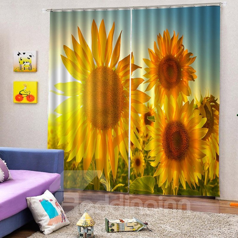 3D Digital Printing Curtain Dust Proof Blackout Living Room Curtain with Lively Sunflowers at Dawn Pattern 200g/m² Polyester 80% Shading Rate and UV Rays 80W*63