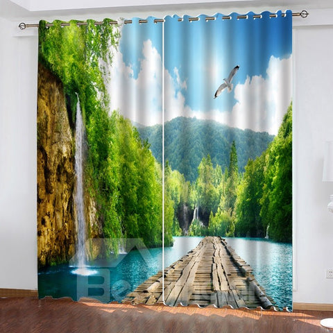 Classy Thick Polyester Blackout 3D Scenery Curtains with Limpid Stream and Green Mountain Pattern