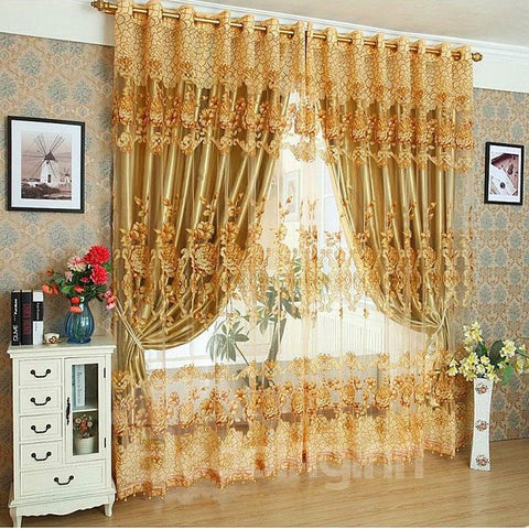 Luxury Golden Classical Style Embroidery Peony Custom Organza Sheer Curtain with Decorative Beads