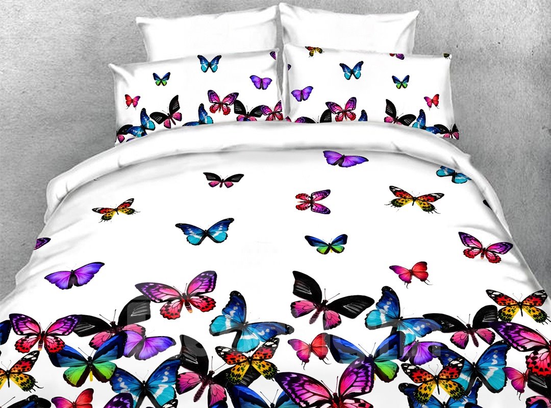 5-teiliges 3D-Bettwäsche-Set/Bettdecken-Set mit bunten Schmetterlingen, maschinenwaschbar, weich, leicht, warmweiße Bettwäsche 