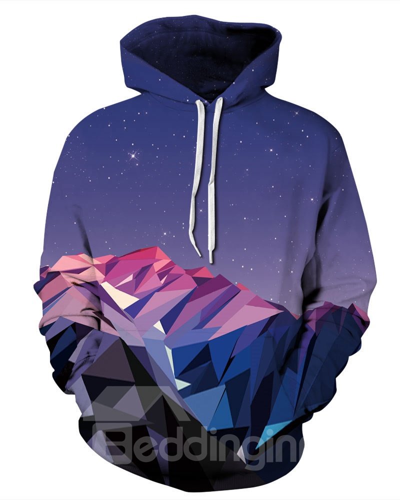 Long Sleeve Mountain Range Galaxy Pattern Pocket 3D Painted Hoodie