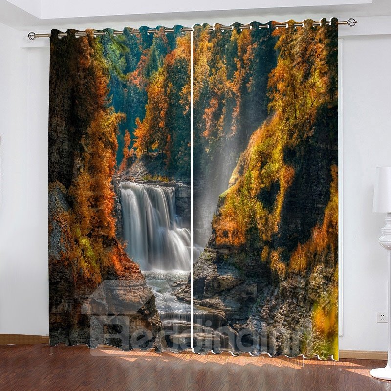 3D Waterfall Scenery Blackout and Heat-Proof Curtain Online 80W*84L inches Medium Polyester Shading Effect and Anti-ultraviolet Radiation Machine Wash Accepted