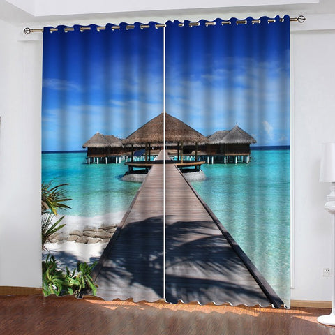Cortinas opacas para sala de estar con paisaje de impresión digital 3D HD con patrón de playa de Maldivas 