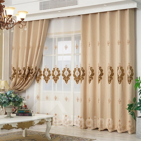 Europäische elegante beige Chiffon-Vorhänge mit zarter Stickerei, individuelle Ösen 