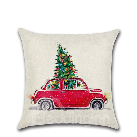 Car Carrying Christmas Tree Christmas Theme Pattern 1Piece Wear-Resistant And Dirty-Resistant Plain Flax Cheerful Christmas Theme Pattern Pillowcase （1 Pillowcase Without Pillow Core）