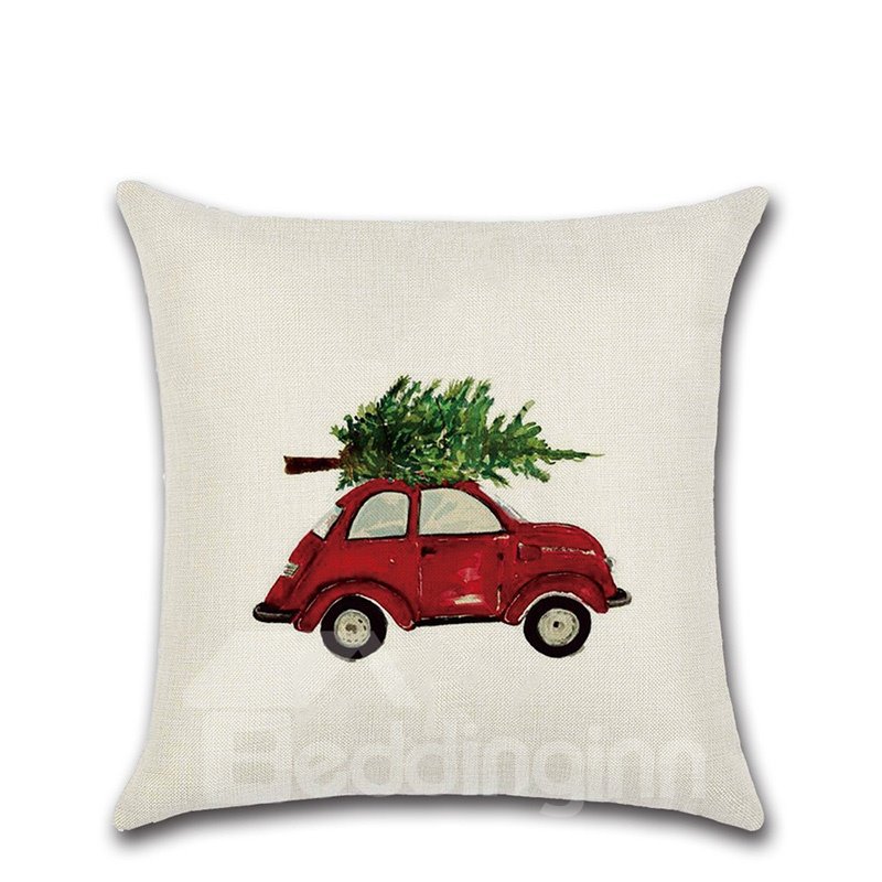 Car Carrying Christmas Tree Christmas Theme Pattern 1Piece Wear-Resistant And Dirty-Resistant Plain Flax Cheerful Christmas Theme Pattern Pillowcase （1 Pillowcase Without Pillow Core）