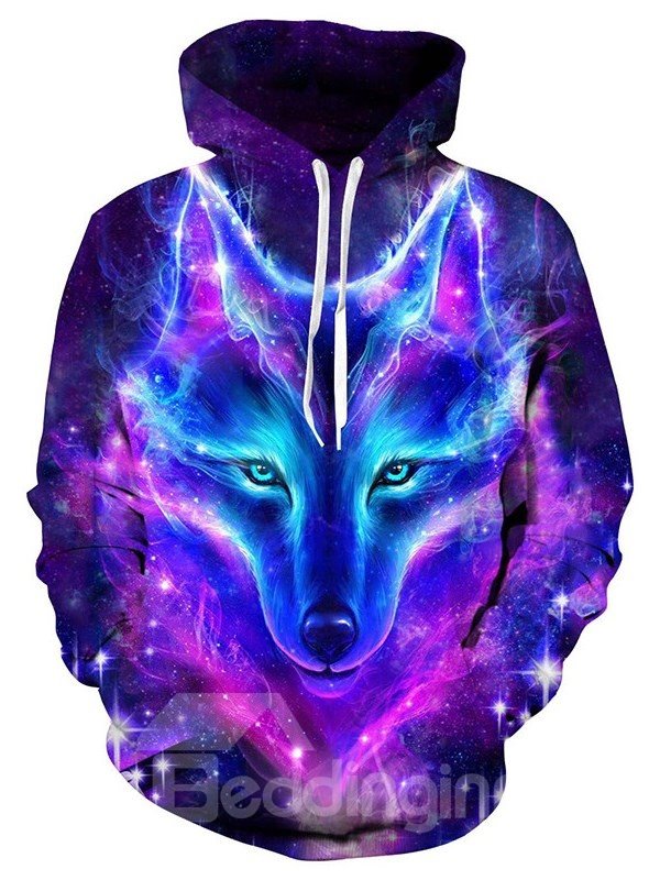 Sudadera con capucha holgada unisex pintada con patrón de lobo colorido de galaxia 3D de manga larga suave 