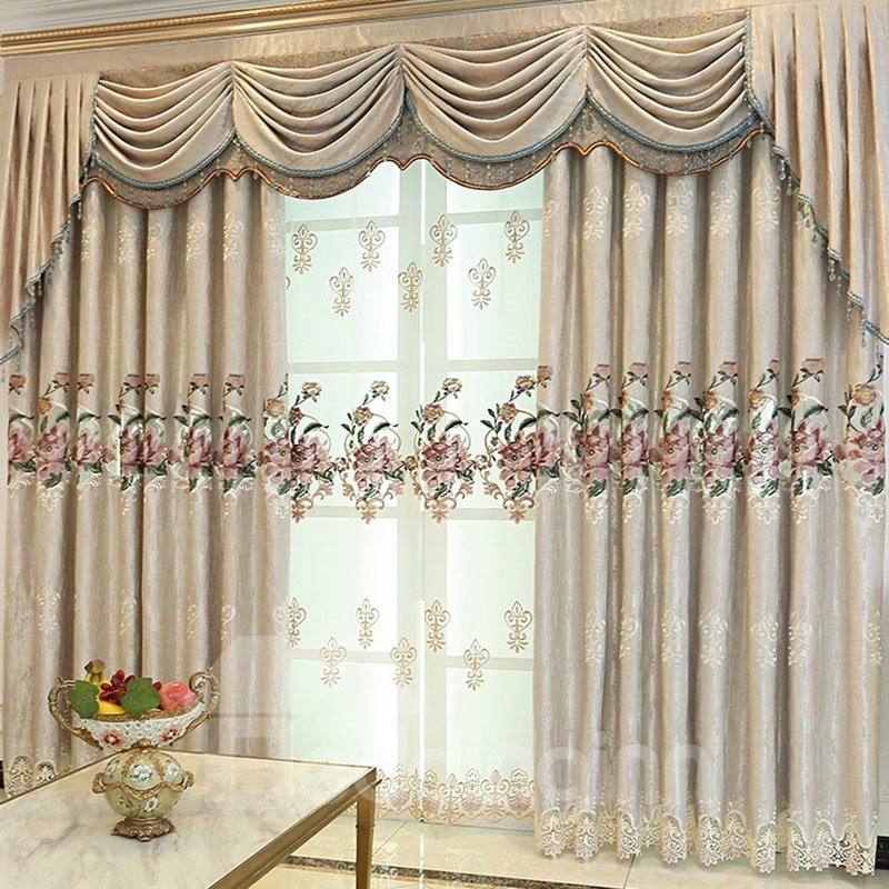 European Floral Shading Curtains Noble and Elegant Embroidered Chenille Blackout Custom Grommet Curtains Living Room Bedroom Decoration