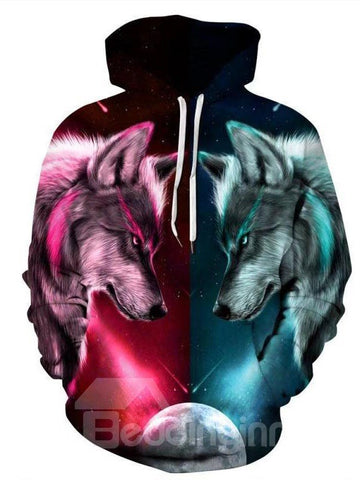 Fashion 3D Digital Galaxy Wolves Pullover Hoodie Hooded Sweatshirt Athletic Casual with Pockets