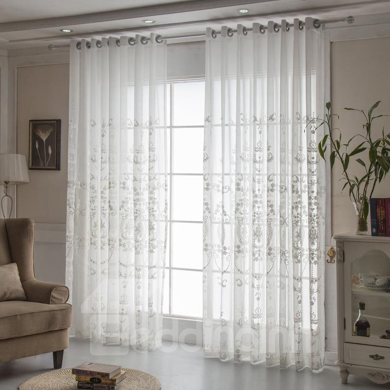 Cortinas transparentes elegantes y nobles con bordado blanco personalizado para sala de estar y dormitorio 