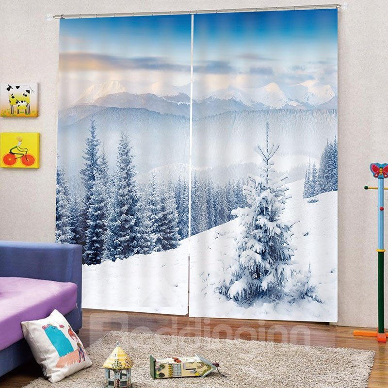 3D Snow Scenery Print Blackout Decorative Curtains for Living Room Bedroom