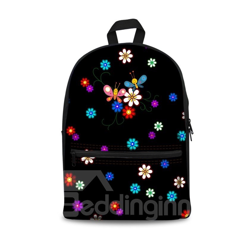 Mochila escolar para niños 3D para niños y niñas Flores y mariposas con diseño de impresión en color de fondo negro