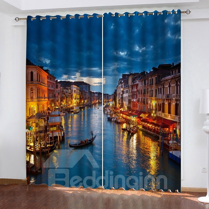 3D Fantastic Venice Night View Print Blackout Curtains 200g/m² Polyester 70% Shading Rate and UV Rays Environmentally Friendly Printing and Dyeing No use of Chemical Auxiliary