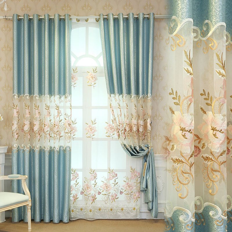 Cortinas opacas con bordado floral, cortinas de sombreado, color azul, nobles y elegantes, para sala de estar, dormitorio, decoración de ventanas, cortinas personalizadas de 2 paneles